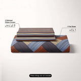 Brown Geometric Grid Bed Sheet Set with Striped Pillows in Sateen - 7400