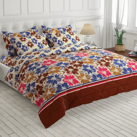 Creamy Beige Floral Stripes Diamond Quilting Cotton Blend 6-Pcs Comforter Set - 8213