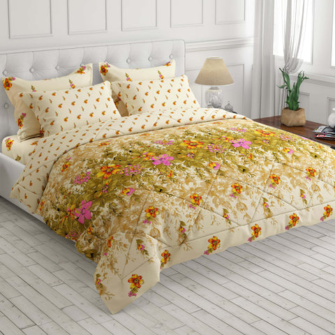Creamy Beige Floral Cotton Blend Comforter Set - 8484
