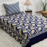 Xara Dark Blue Floral Stripe Border Bed Sheet Set - 8505-06