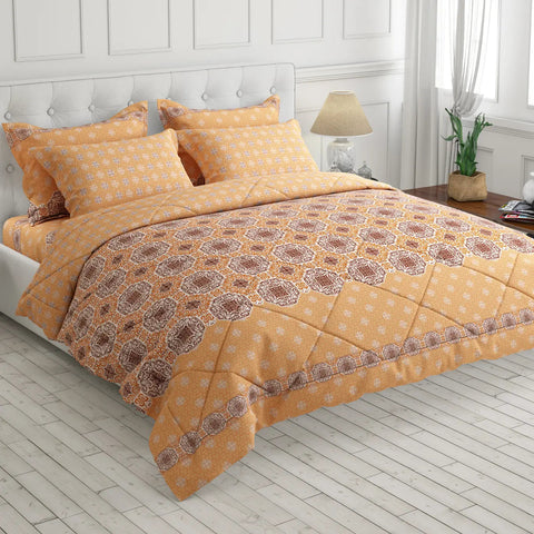 Sunny Yellow Geometric Floral Cotton Blend 6-Pcs Comforter Set - 8507