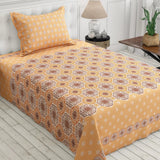 Xara Mustard Yellow Floral Bed Sheet Set with Striped Border - 8507-08