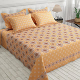 Xara Mustard Yellow Floral Bed Sheet Set with Striped Border - 8507-08