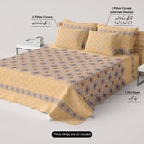 Xara Mustard Yellow Floral Bed Sheet Set with Striped Border - 8507-08