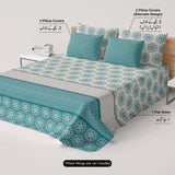 Xara Teal Floral Striped Border Bed Sheet Set - 8553-54