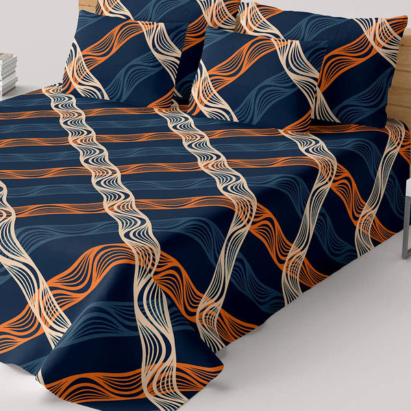 Blue Wavy Stripe Sateen Bed Sheet Set - 8313