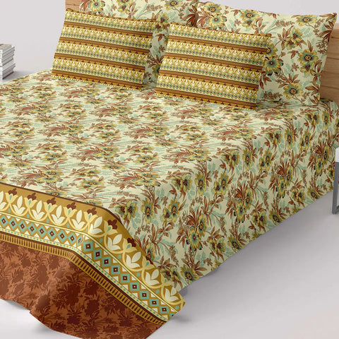 Xara Floral Striped Border Bed Sheet Set Cream - 8573-74