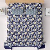 Xara Dark Blue Floral Stripe Border Bed Sheet Set - 8505-06
